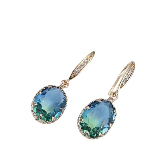 Gold with Green and Blue Ombré Stone Rhinestone Accent Drop Earrings - Picture 4 of 8